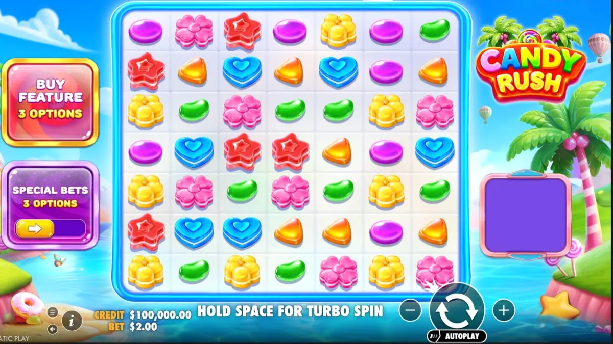 Tampilan visual slot Candy Rush dengan grid 7x7 yang penuh warna