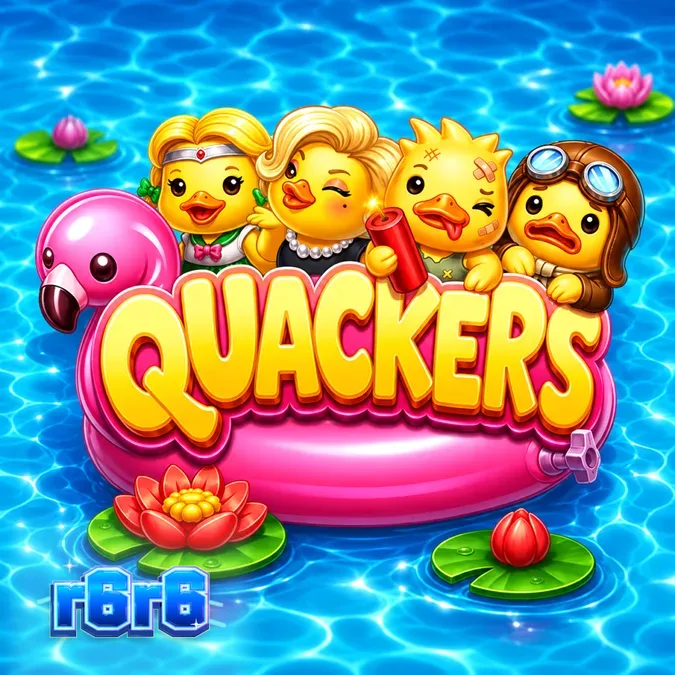Tampilan visual slot Quackers dengan karakter bebek dan grid cluster pays